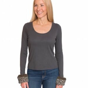 KOJI YOHJI Vintage Gray Scoop Neck Sweater with faux Cheetah Fur Wrists Size L